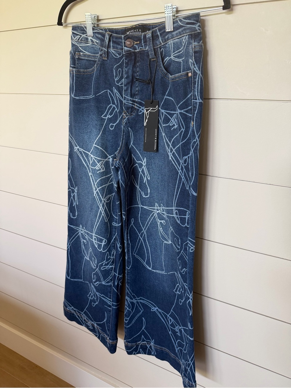 Lucky & Blessed Blue Wide-Leg Jeans with Light Horse Line-Art Pattern